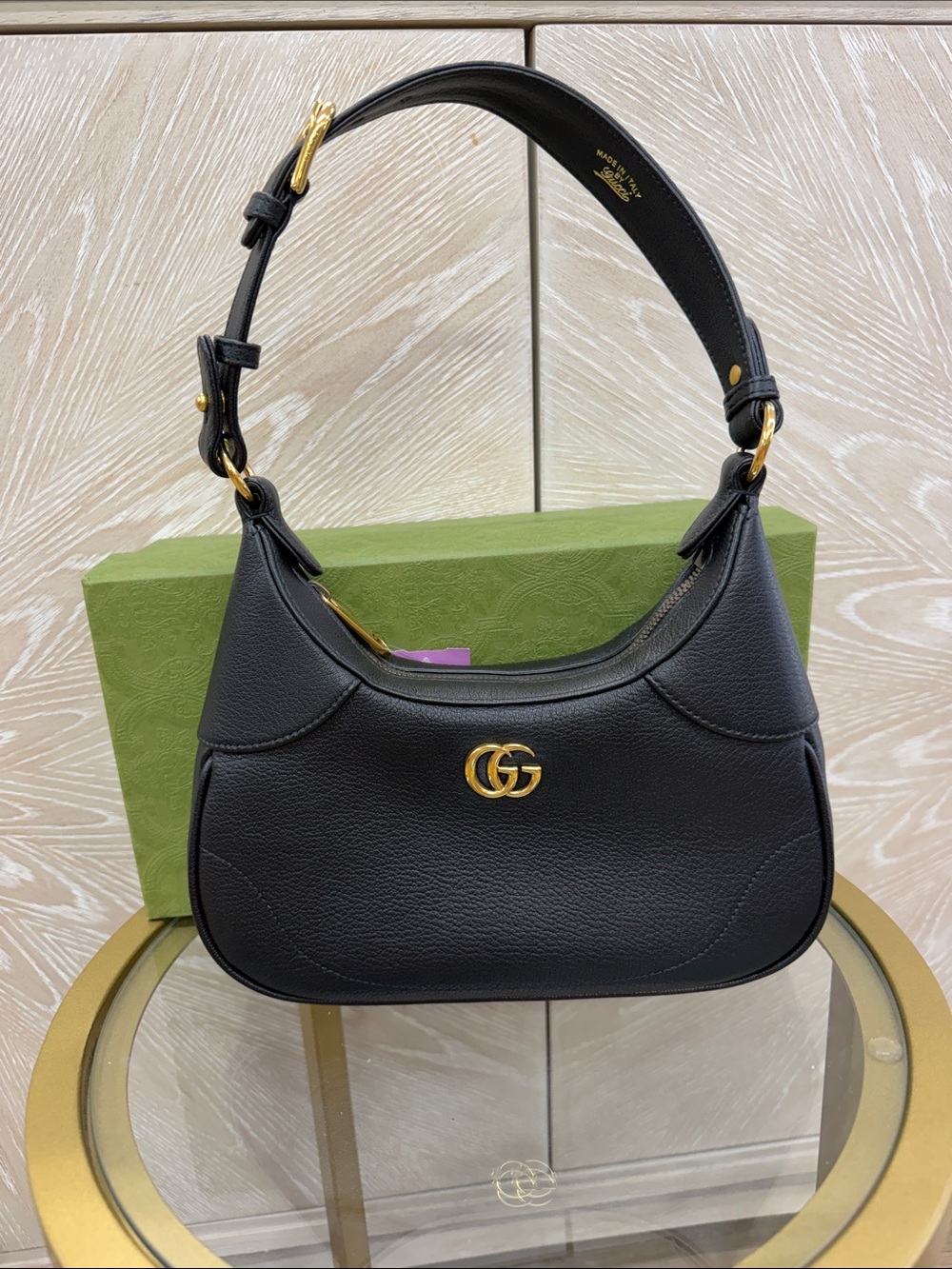 Gucci Black Leather Hobo Bag with Gold Double G